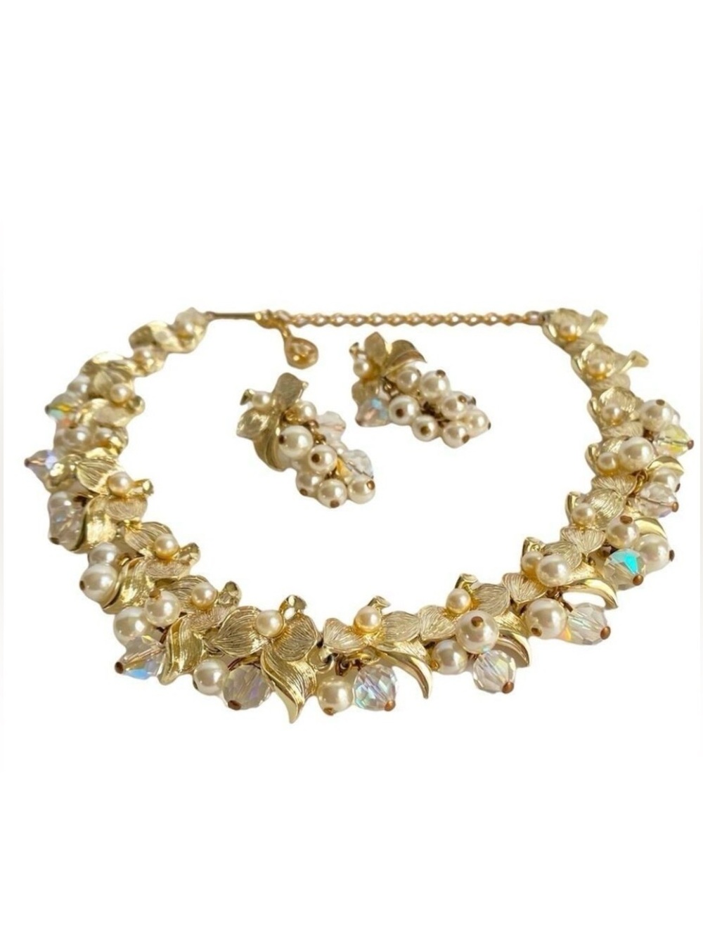 Vintage Pearl Aurora Borealis Crystal Cluster Necklace & Earrings Champagne Gold